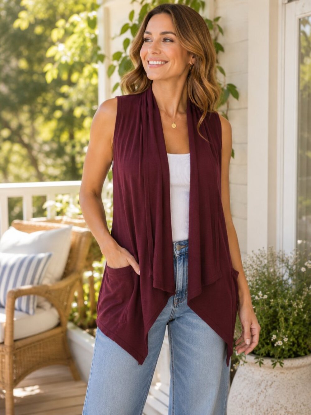 Lauren Ralph Lauren Vest S Burgundy Open Front Draped Cardigan Pockets Long 1023